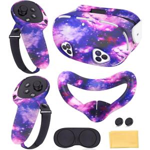Silicone Cover Set Compatible with Meta Quest 3S Accessories, VR Protector Face Cover, Controller Grips, Front Shell Headset and Lens Protective (Starry Sky Purple)