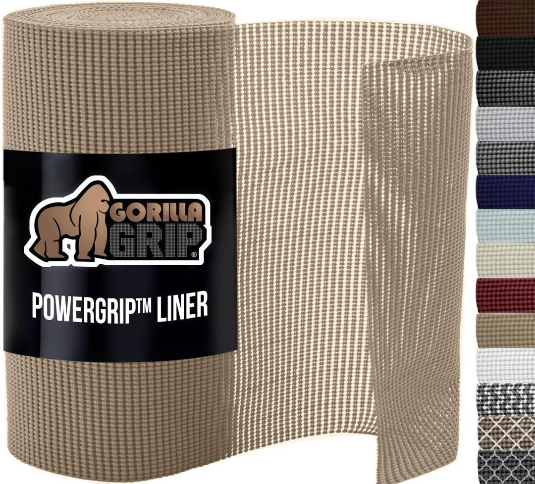GORILLA GRIP powerGRIP Drawer Shelf and Cabinet Liner, Thick Strong Hold, Non-Adhesive Liners Protect Kitchen Cabinets and Cupboard, Bathroom Drawers, Easy Install, Breathable Mat, 24" x20', Beige