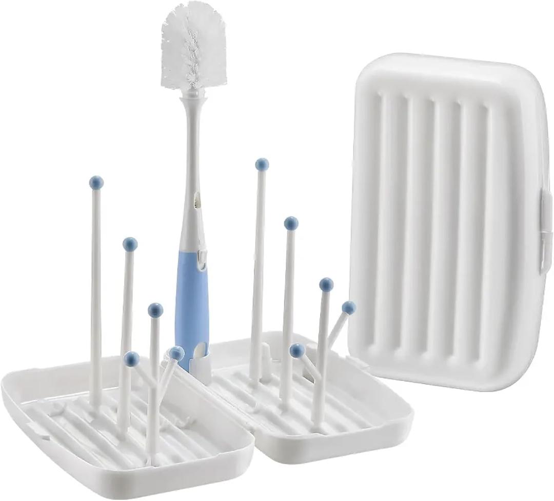 Travel Baby Bottle Drying Rack, Airplane Essentials Cleaning kit Organizer | Bottle Brush Cleaner, Drying Rack Compact, Large Capacity (Blue)