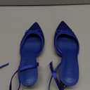 Coutgo Satin Kitten Low Heels with Bow Closed Pointed Toe Short Pumps Dress Wedding Party Shoes (6.5, Blue)