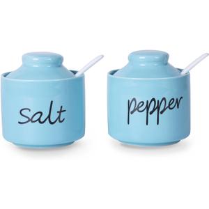 ONTUBE Farmhouse 8oz Pepper and Salt Bowls with Lid and Spoon, Ceramics Condiment Pots,Seasoning Jar Spice Container for Kitchen,Dishwasher Safe (Turquoise)