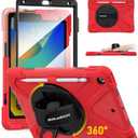 BRAECN for iPad 9th/8th/7th Generation Case,Heavy Duty Shockproof Case with Screen Protector, Pencil Holder, Pencil Cap Holder, Hand Strap, Kickstand,Shoulder Strap for iPad 10.2 Inch 2021/2020/2019 (Red)