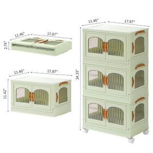 EHAMILY Stackable Storage Bins with 1 Lid Set 3 Tier, 8.4 Gal Clear Plastic Folding Storage Box with Wheel and Door, Large Foldable Cabinet Collapsible Bin for Closet, Green