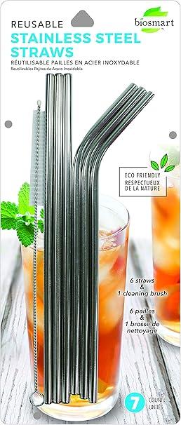 Biosmart Reusable Stainless Steel Straws (6 straws + 1 cleaning brush), Pack Of 2