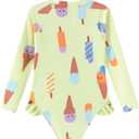 LIZENS Girls' One-Piece Swimwear Rash Guard Swimsuit Zipper Bathing Suits Long Sleeve Ruffle Girl Full Cover Flower Print