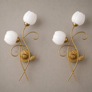 Hamilyeah Gold Wall Sconce Set of 2, Vintage Floral Wall Light with Frosted Glass Shades, E26 Base, 2-Light Decorative Wall Lamp for Living Room Bedroom Hallway Staircase, 24.6" 2-Light 2-PACK