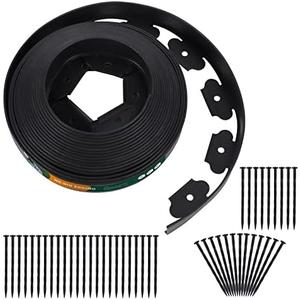 2 Inch Tall No Dig Durable Garden Landscape Edging Kit, Black Plastic Lawn Border with 24pcs Anchoring Spikes for Landscaping, Flower Gardens, Lawn (20FT+ 24pcs Anchoring Spikes)