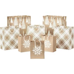 Hallmark Assorted Christmas Gift Bags, Recyclable Kraft Brown with Snowflake, Plaid and Trees (8 Bags: 3 Small 6", 3 Medium 9", 2 Large 13") for Holiday Parties, Hanukkah, Winter Weddings