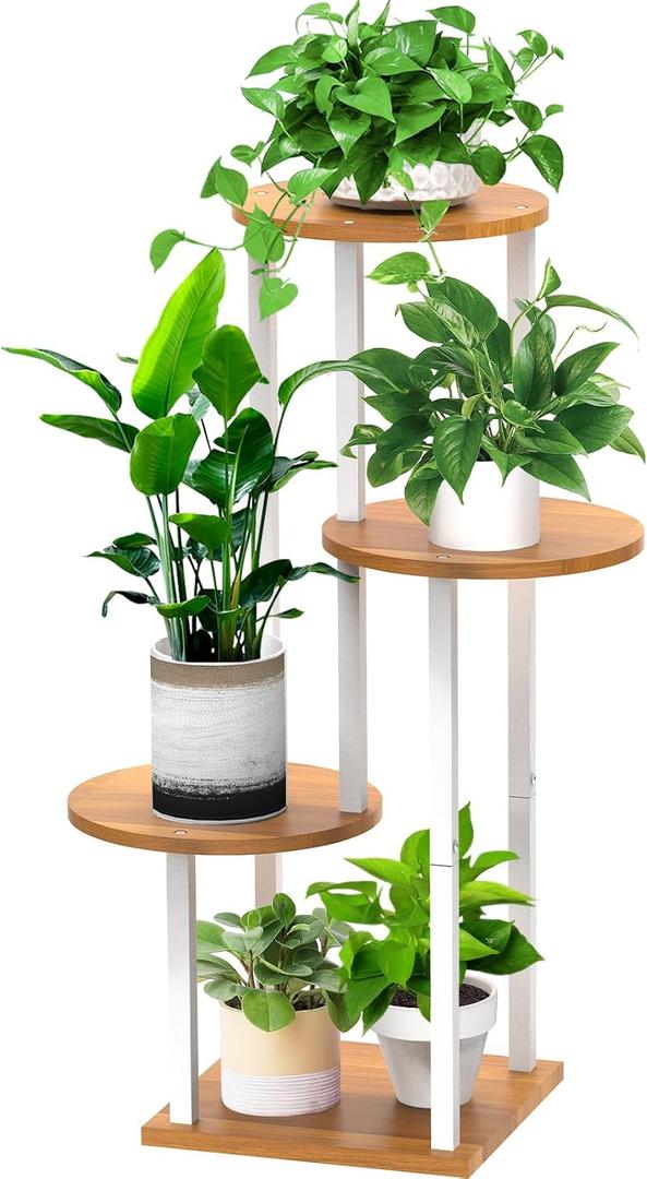 4 Tier Wood Tall Plant Stand Metal Rack Indoor, Multiple Flower Pot Holder Shelves Corner Rack, Round Planter Shelf Display Rack Storage Organizer for Patio Living Room Balcony(White+Wooden)