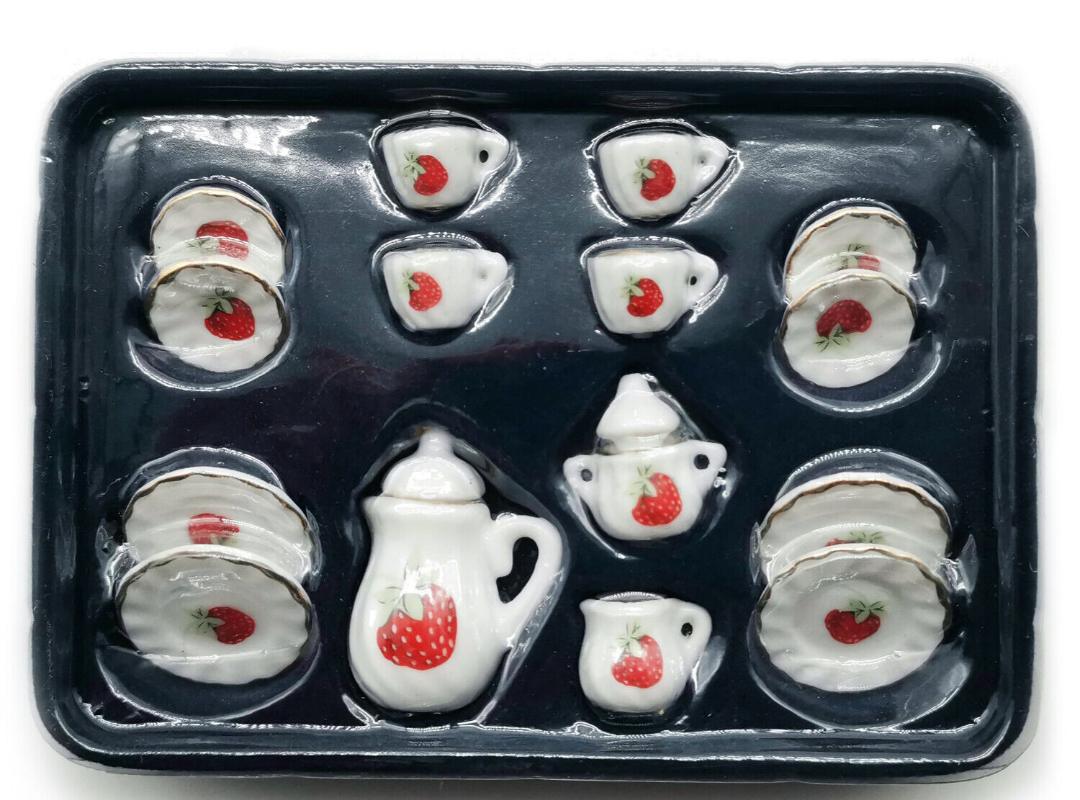 Miniature Dollhouse Furniture and Accessories Tea Sets Porcelain Dollhouse Kitchen Accessories Set 1 12 Scale (Tea-Sets-Strawberry)