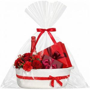 Colingmill Mother's Day Woven Gift Basket Empty for Women with Handles Ribbons Bow Tie Bag, Decorative Woven Gift Basket for Mom, Rope Storage Box Home Decor(14 x 10 x 5.5 Inch,White Red)