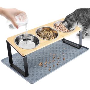 15° Tilted Elevated Cat Bowls - Raised Cat Bowls Stand with Silicone Food Mat & 3 Stainless Steel Cat Dishes for Food and Water, Anti-Vomiting for Indoor Cats and Small Pets