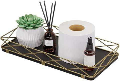 Lixple Toilet Paper Basket Holder, 13" Bathroom Tray Countertop, Wood and Metal Toilet Tank Tray Bathroom Vanity Organizer for Toiletry, Kitchen Sink Organizer for Soap Dispenser (Black + Gold)