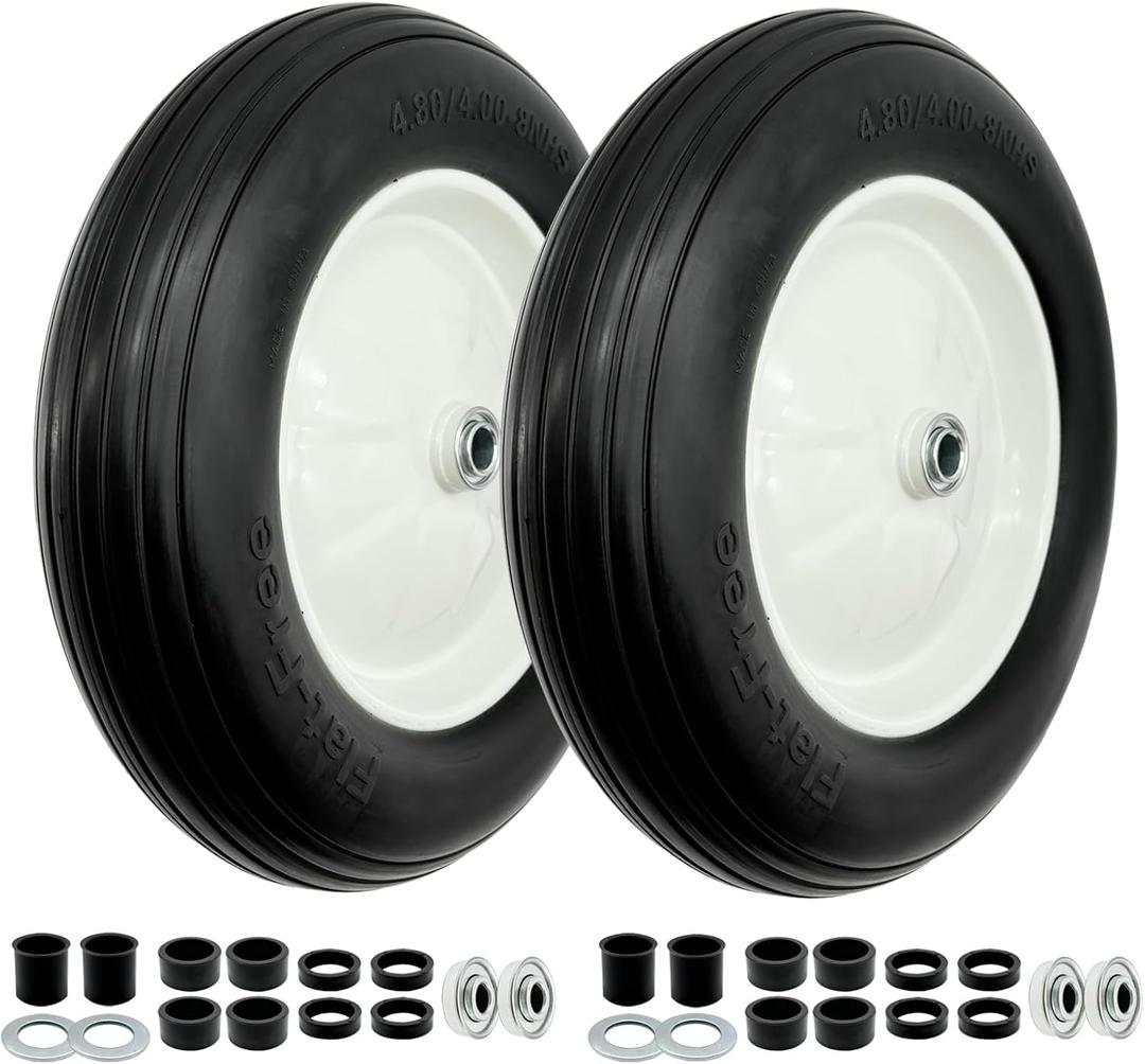 2-Pack 4.80-8 Wheelbarrow Tire and wheel with 3"-6''Centered Hub, 3/4" or 5/8''or 1/2'' Bearings, 16 Tire Assembly for Hand Truck,Garden Cart (4.80/4.00-8 Flat Free,3" Center Hub,Ribbed Tread)