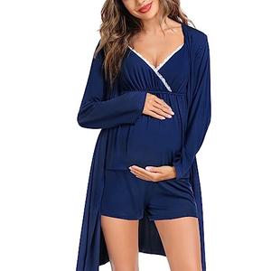 SWOMOG Womens Maternity Robe Set 3 Piece Nursing Pajamas for Breastfeeding 3 in 1 Labor Delivery Hospital Pregnancy Pjs Navy Blue, Size XL