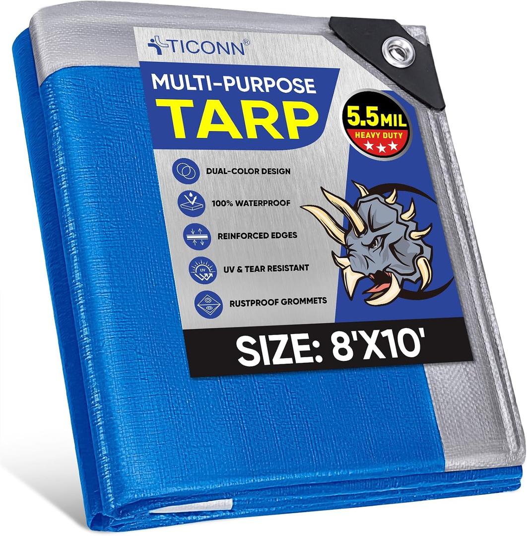TICONN Heavy Duty Tarp Cover, Extra Thick Tarps Waterproof Tear and Rip Proof UV Resistant Tarpaulin with Reinforced Grommets and Edges (5.5 Mil, 8'x10')