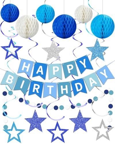 Blue Happy Birthday Decorations, Happy Birthday Banner with Honeycomb Balls, Stars Hanging Swirl Streamers, Dots Garland, Party Decorations for Men Boys Women Girls