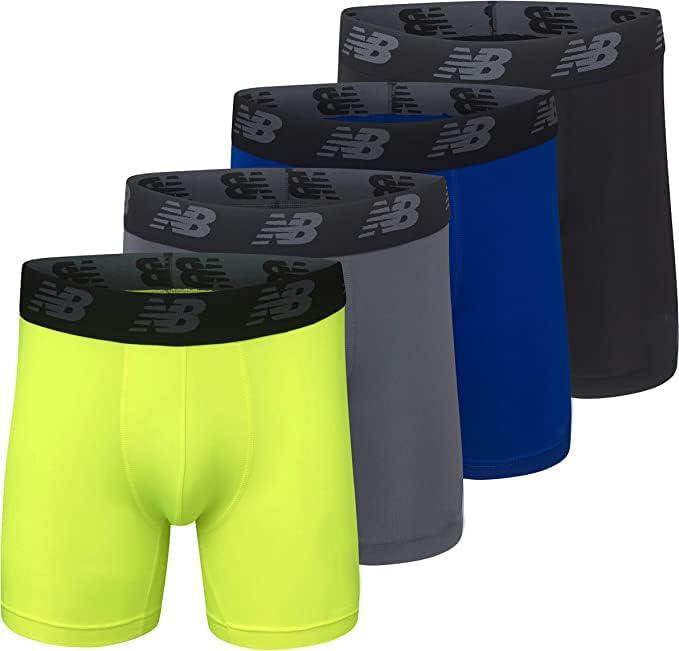 New Balance Men's Mesh 5" No-FLY Boxer Brief (4-Pack) (Large, Black/Hi-lite/Team Royal/Lead)