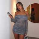 Women Sexy Off Shoulder Bodycon Mini Dress Mesh Sheer Ruched Sparkly Flared Long Sleeve Y2K Dress Club Night Out Dresses (Gray, M)
