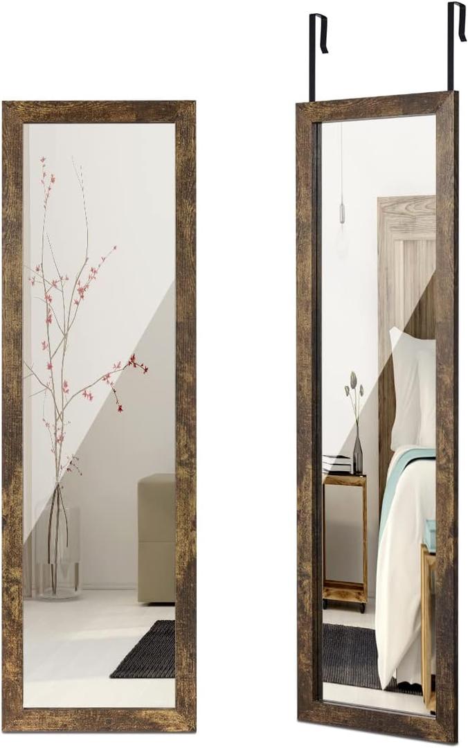 ikkle Wooden Full Length Door Mirror 48" x 14" Wall Mirror Hanging for Bedroom Living Room, Rustic Frame