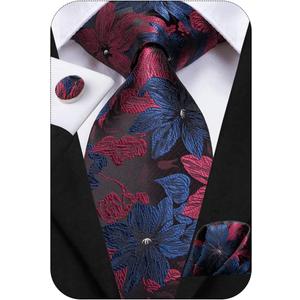 Hi-Tie 63" 70" Ties for Men Silk Extra Long Mens Ties Set and Pocket Square Cufflinks Paisley Necktie Business Wedding (Navy Burgundy)