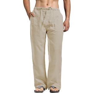 Mens Casual Cotton Linen Pants Elastic Waist Drawstring Straight Summer Beach Pants XL