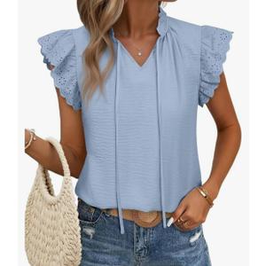 SHEWIN Women's Summer Tops Casual V Neck Ruffle Short Sleeve Shirts Blouses, XL