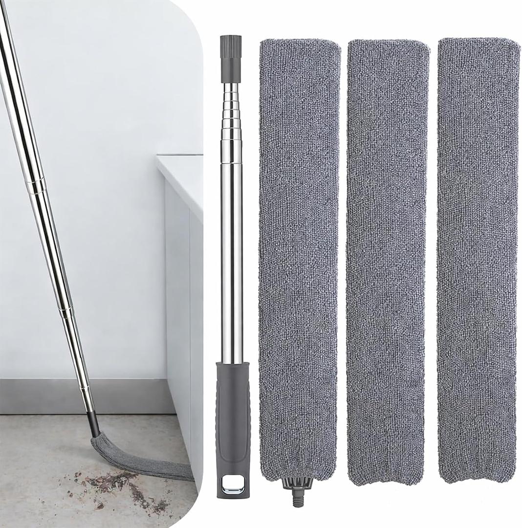 Retractable Gap Dust Cleaner with Extension Pole, Cleaning Tools with 3 Microfiber Dusting Cloths, Extendable Long Handle Duster for Cleaning Under Refrigerator Furniture Appliance (Gray)
