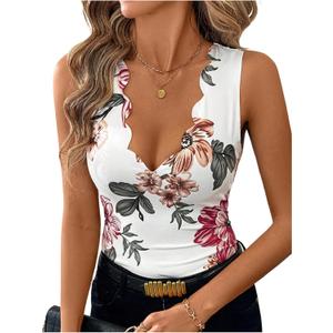 Women's Floral Elegant Tank Top Scallop Trim V Neck Fitted Sleeveless Blouses Tops (Large, White)