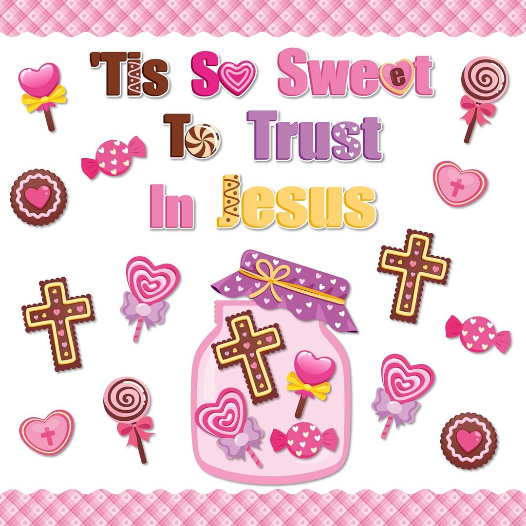 95Pcs Valentine's Day Sweet Candy Christian Bulletin Board Decoration Set Tis So Sweet to Trust in Jesus Valentine's Day Cutout Name Tags Faith Religious Wall Decor for Classroom Preschool Chalkboard