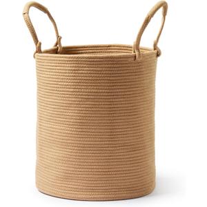 Laundry Basket  Laundry Hamper for Clothes, Blankets, Yoga Mat  Woven Cotton Rope Basket for Living Room, Nursery Room  Boho Style  15D x 18H  Khaki (Small)
