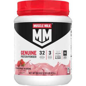 Muscle Milk Genuine Protein Powder, Strawberries N Crme, 1.93 Pounds, 13 Servings, 32g Protein, 3g Sugar, Calcium, Vitamins A, C & D, NSF Certified for Sport, Energizing Snack, Packaging May Vary (EXP 01/31/27)