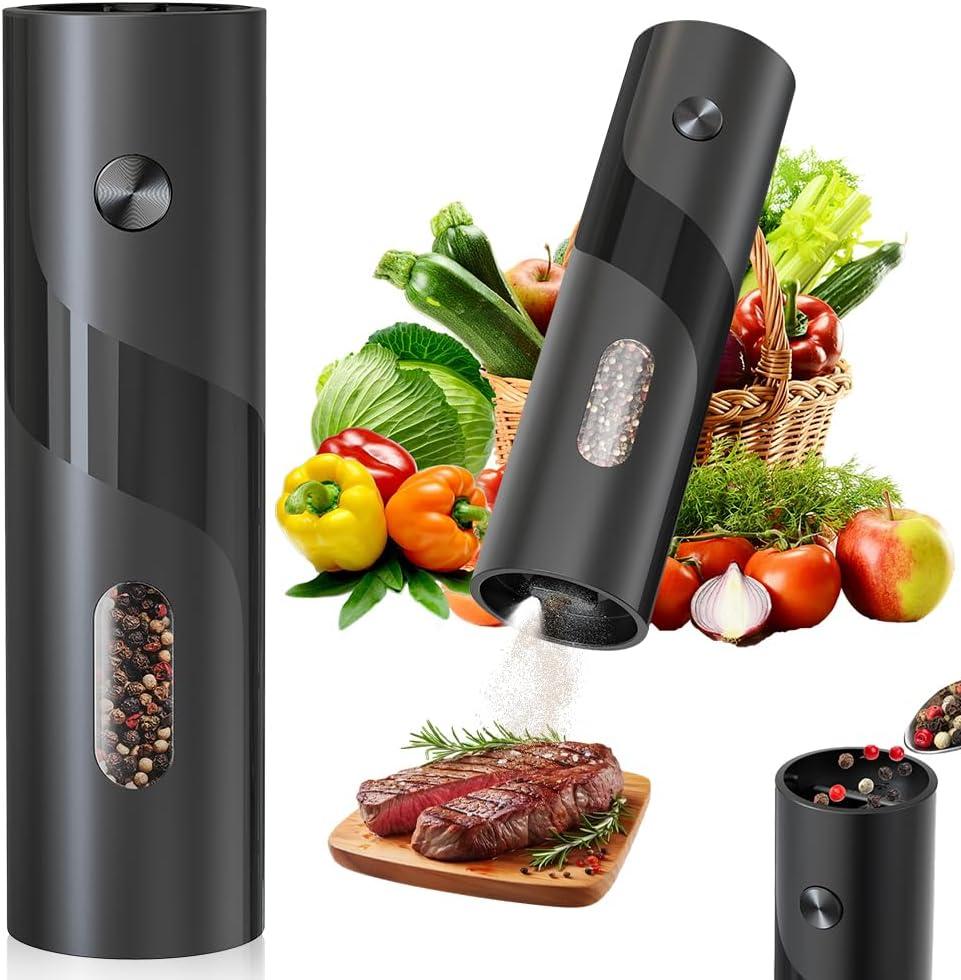 Electric Pepper or Salt Grinder Mill,Automatic Pepper Mill with LED Light,Battery Powered Automatic Pepper Grinder,Refillable and Adjustable Coarseness Pepper Grinder(1 Pack Black)