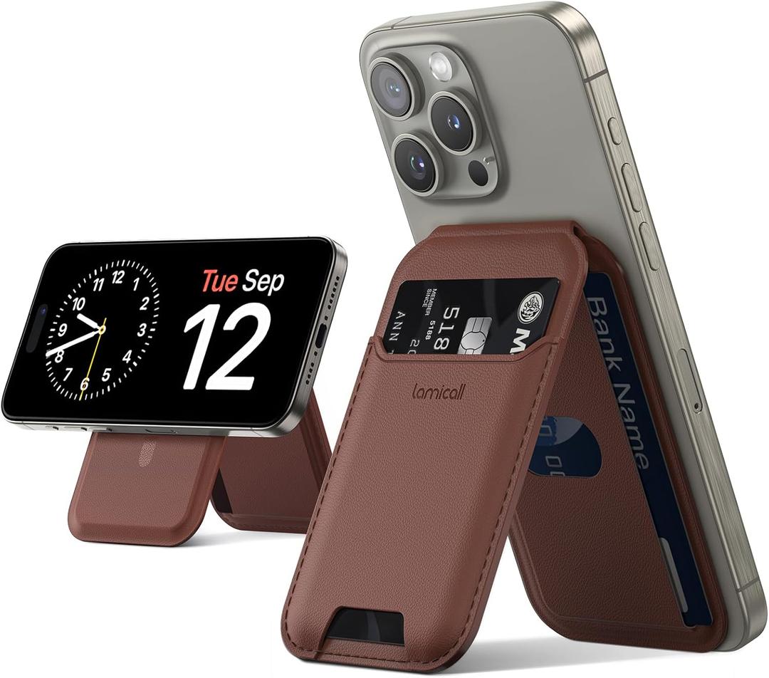 Lamicall 2.3oz Light for Magsafe Wallet Stand - Slim Tight Phone 3 Cards Holder, Adjustable Apple iPhone Wallet Stand, 2.5lbs Magnetic for iPhone 16/15/14/13 Series, Brown Red