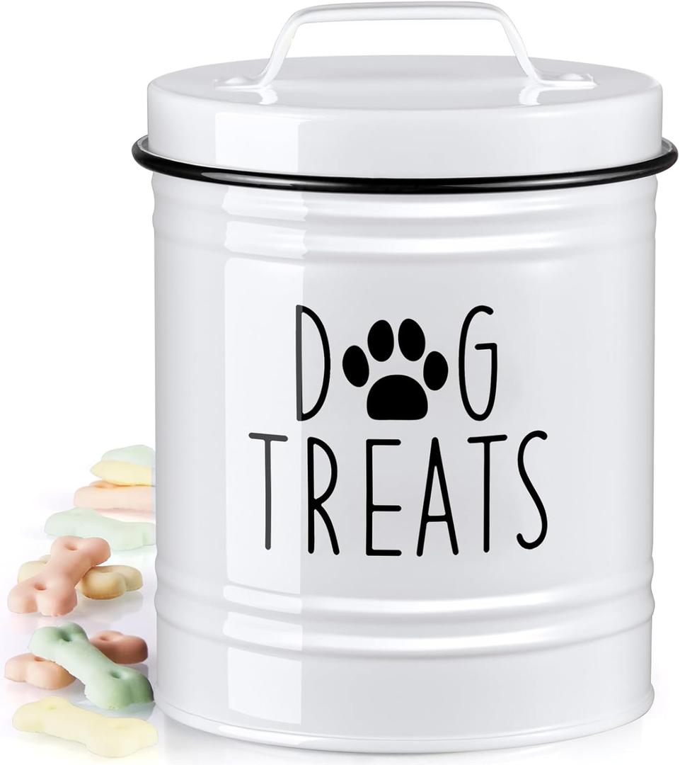 OUTNILI Small Dog Treat Container Airtight - 6" Tall X 4.9" Round White Dog Treat Jar for Kitchen Counter - Rustic Treat Storage Canister for Dogs, Cats, Small Animals - Gifts for Pet Owners