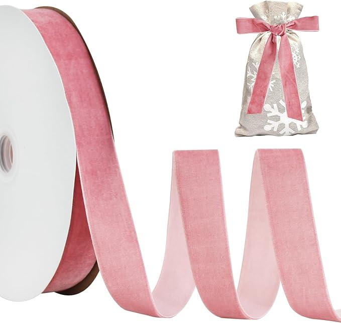 TONIFUL Pink Rose Gold Velvet Ribbon 1 Inch x 25yds, Vintage Velvet Ribbons, for Christmas Wreath Decoration Handmade Craft Ornaments Gift Wrapping & Bow Making, Valentine's Day Bouquet Packaging