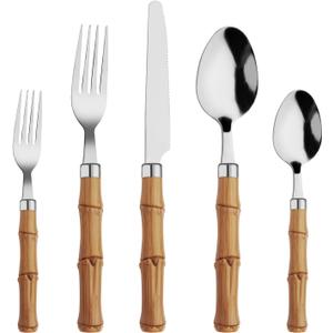 Bamboo Flatware Set 20 Piece, Hoften Plastic Handle Silverware Set for 4, Stainless Steel Cutlery Include Fork Spoon and Knife, Utensils for Daily Used and Party