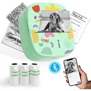 XenGro Mini Sticker Printer AHM2, Mini Thermal Printer with 3 Rolls Paper, Portable Bluetooth Inkless Printpods, Pocket Label Maker Suitable for Kids Creative DIY, Diaries, Photos, Study Notes-Green
