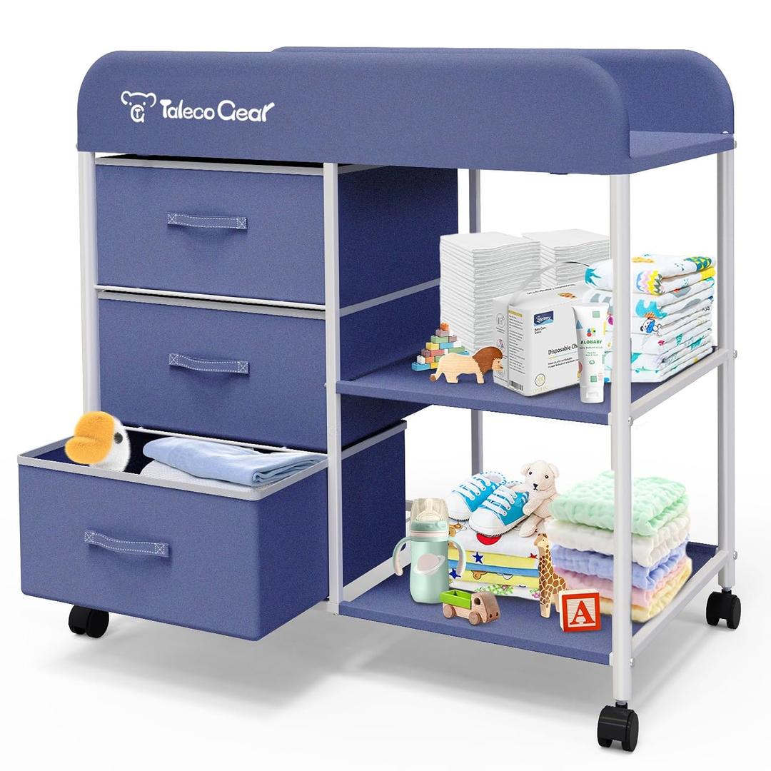 Baby Changing Table, Portable Changing Table, Diaper Changing Station with Waterproof Pad, Changing Table Dresser with 3 Storage Baskets, Mobile Nursery Organizer for Newborn Essentials