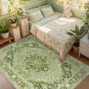 RELEANY Area Rugs 9'x12' Washable Non-Slip, Floral Vintage Distress Print Pattern Medallion Carpet for Living Room Bedroom Dining Room, Sage Green Yellow
