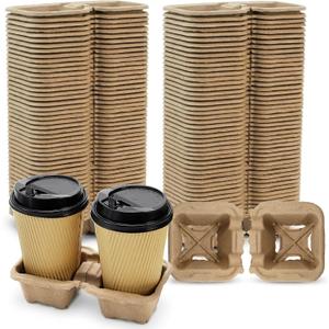 ZOOFOX 100 Pack Disposable Drink Carriers, 2-Cup Perforated Pulp Fiber Cup Holder for Hot and Cold Drinks, to Go Coffee Trays for Car Food Delivery, Restaurants, Cafes and Coffee Shops