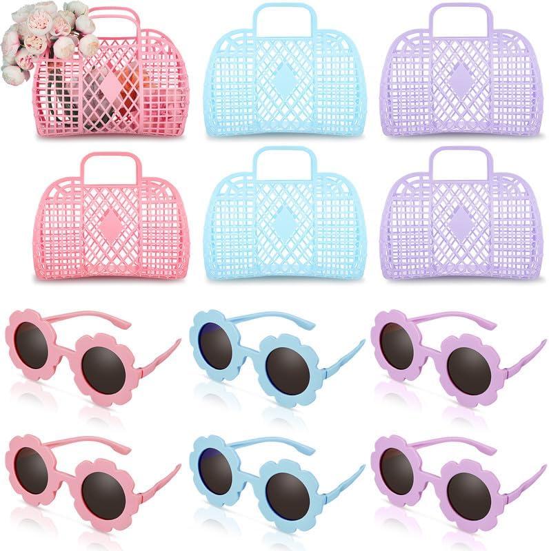 Sweetude 12 Pcs Jelly Bags with Sunglasses Jelly Purse Basket Reusable Tote Beach Handbags for Women Girls Kid (Colorful)