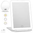 FUNTOUCH Rechargeable Travel Makeup Mirror with Lights and 10X Magnifying Mirrors, Portable Lighted Vanity Mirror with 80 Led,2000mAh Battery,3 Color Lighting,Touch Dimming,Tabletop Light up Mirror
