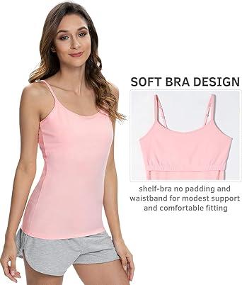 2 Pack Cotton Women's Camisole with Shelf Bra Adjustable Strap Tank Tops Soft Undershirts Layering Tops Size M Pink And White