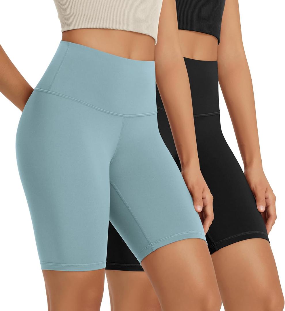 ODODOS High Waist Workout Shorts for Women Tummy Control Workout Gym Athletic Biker Shorts-8" Inseam, Black Chambray, Medium (M)