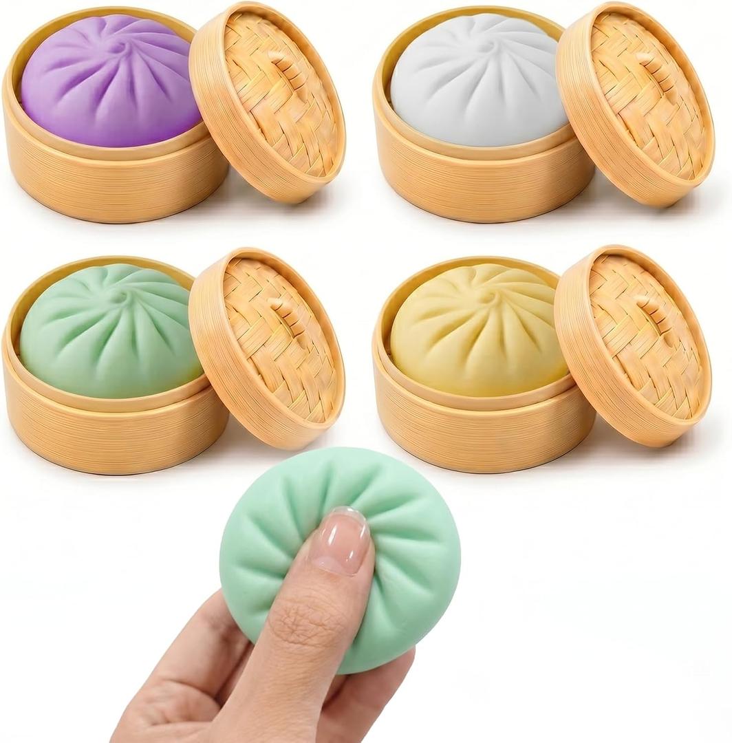 4Pcs Mini Dumpling Squishy, Glitter Dumpling Squishy Mystery Box, Dumpling Stress Ball Fidget Sensory Toy with Mini Food Steamer, Easter Basket Stuffers for Adults