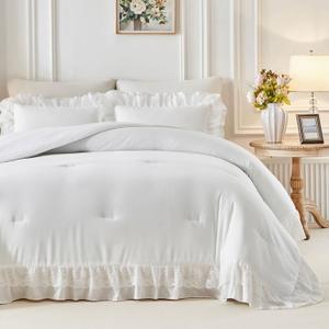 Queen Size Comforter Set White, 3pcs Lace Ruffled Bedding Comforter Set, Microfiber Vintage Boho Chic Bedding Set for All Season- 88x88 inches