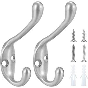 Jukzi Coat Hooks 5 Pack-Heavy Duty Wall Mounted Brushed Nickel Door Hooks Double Prong Hooks for Hanging Clothes/Towels/Key-Suitable for Bedroom/Bathroom/Entryway