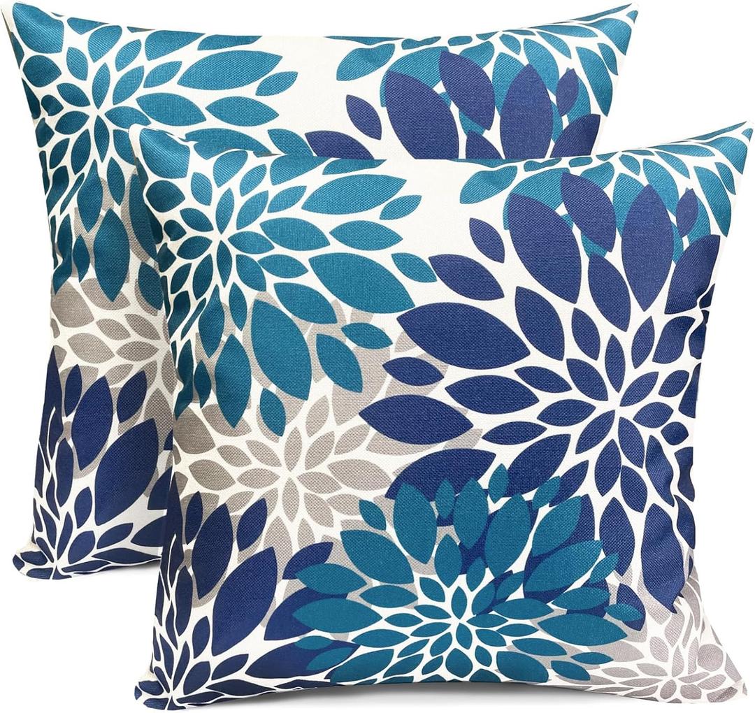 RYSMIYOU Decorative Throw Pillow Covers Set of 2 Blue Pillow Covers 18x18 Inch Couch Pillow Covers for Sofa Living Room Outdoor Throw Pillow Cover Linen Square Floral Flower Farmhouse Pillowcase