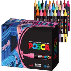 Uni Posca Paint Markers, 5M Medium Acrylic Markers with Reversible Tips, Artist Recommended For Gifts, Decorations, Fabric, Metal, Glass, Wood and Canvas, Assorted Colors, Set of 29